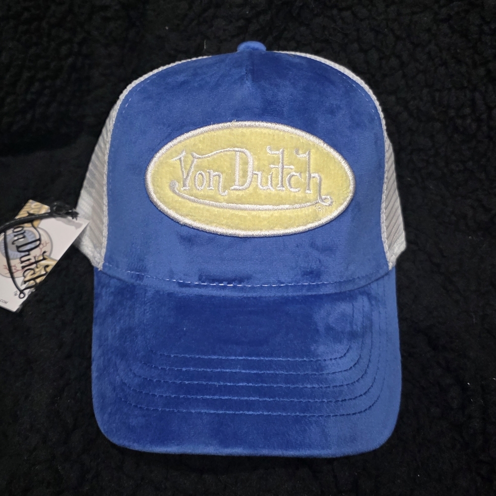Von Dutch Blue and Yellow Velvet Trucker Hat